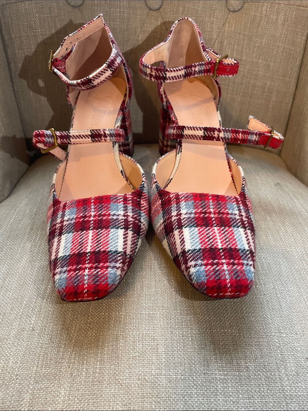 JCrew Plaid Red Multi Ankle-Strap Women’s Block Heels - Picture 6 of 7